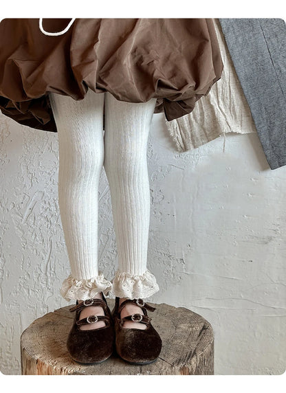 Autumn Baby Girls Leggings Ribbed Pants Cotton Lace Cuff  Toddler Kid Leggings Striped Casual Pants Kids Outfits Trousers