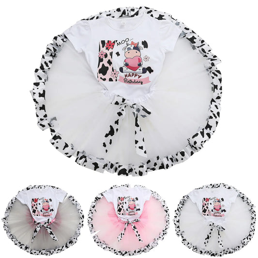 2-8Y Kids Girls Clothes Sets Girls Short Sleeved Letter Print Mesh Tutu Skirt Birthday Party Dance Performance Suits