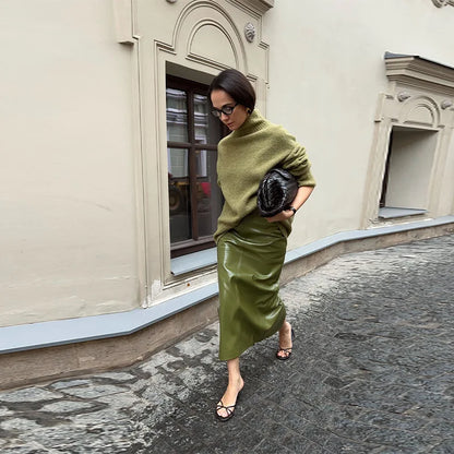 Leather Fashion Jacket Skirt Sets Women Zipper Loose Street Stand Collar Coats Straight Midi Skirts Suits 2025 Autumn Party Chic