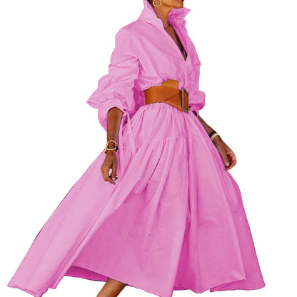 2024 Autumn New Women's Clothing Solid Color Fashionable Temperament Long Sleeved Sleeve Lace Up Casual Mid Length Lapel Dress