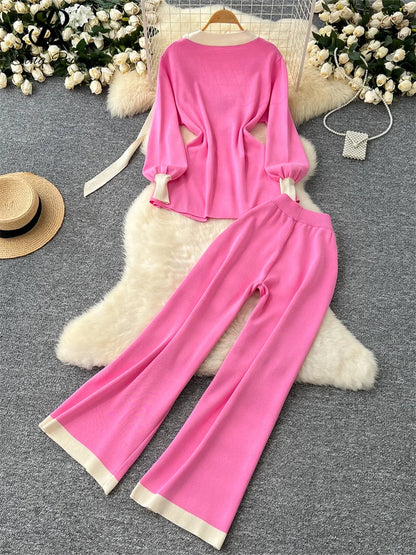 SINGREINY Office Lady Autumn Two Pieces Suits Ladies O Neck Lantern Sleeve Lace Up Top+Elastic Long Pants Fashion Knitting Sets