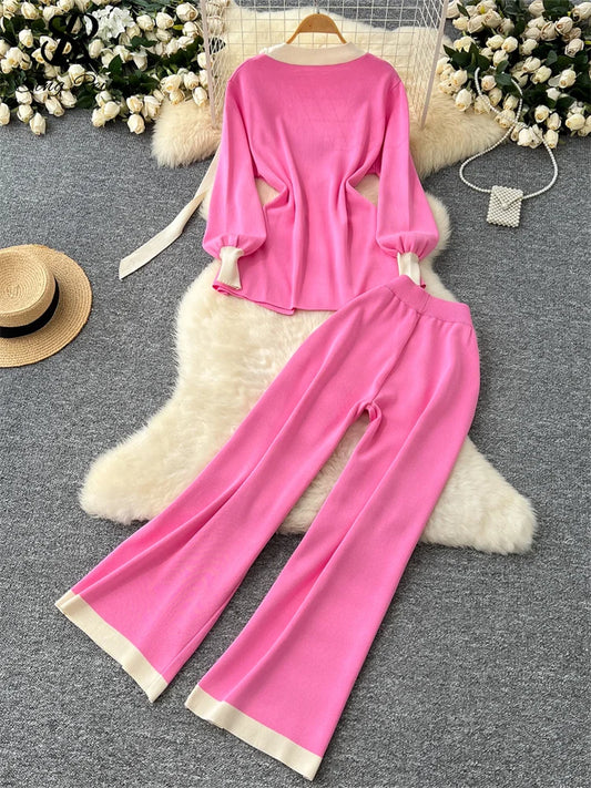 SINGREINY Office Lady Autumn Two Pieces Suits Ladies O Neck Lantern Sleeve Lace Up Top+Elastic Long Pants Fashion Knitting Sets
