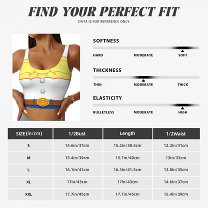 Toy Story Jessie sports bra size guide with measurements for a comfortable fit in various sizes