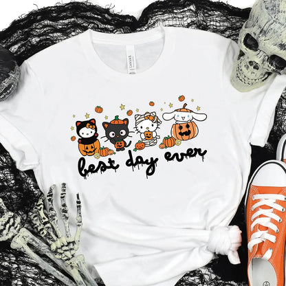 New Sanrio Hello Kitty Printed Short Sleeved T-Shirt Halloween Women's And Men's Casual Fashionable Comfortable Sports Shirt