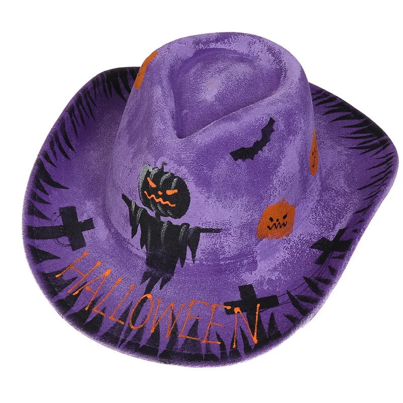 Purple Halloween cowboy hat for adults featuring spooky pumpkins and bats for festive celebrations