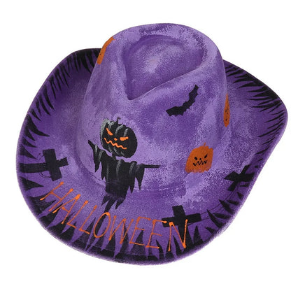 Purple Halloween cowboy hat for adults featuring spooky pumpkins and bats for festive celebrations