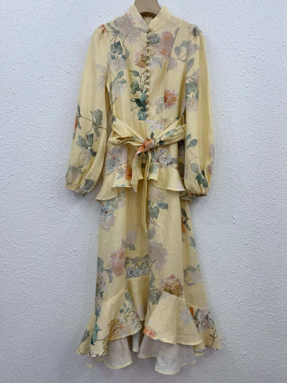 Zimm 100% Linen Long Puff Sleeve Runway Designer Lace-up Floral Printing Women Midi Dress Chic Vintage Bohemian Elegant Luxury