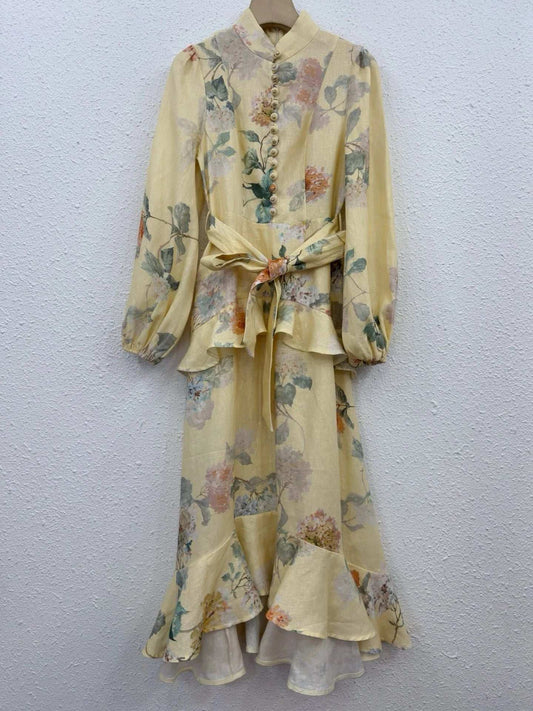 Zimm 100% Linen Long Puff Sleeve Runway Designer Lace-up Floral Printing Women Midi Dress Chic Vintage Bohemian Elegant Luxury