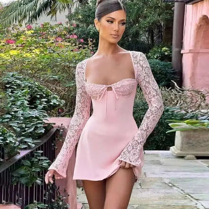 Townlike Lace Patchwork Waist Wrap A-line Dress Women Mini 2024 Autumn Winter Dress Backless Nightclub Sexy Party Dresses