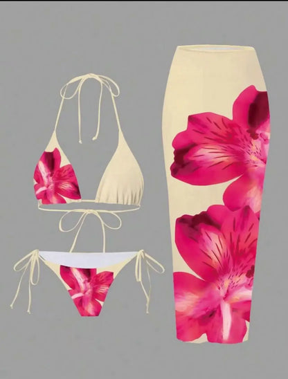 Sexy Print Three-piece Swimsuit Set Charms Lilies Limited Edition Bikini Set Attractiveness Sensuality Fashionable Women's Wear