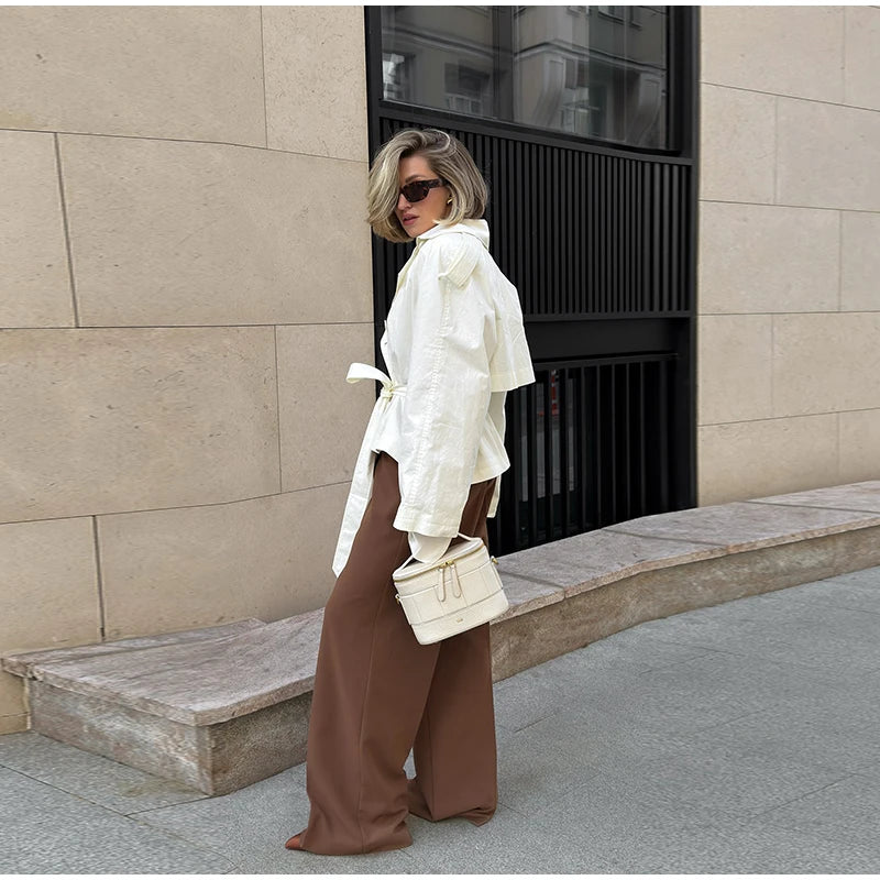 Belted Waist Cropped Trench Double Breasted Stand Collar 2025 Autumn Chic Elegant Women Coat Casual Vintage Office Lady Jacket