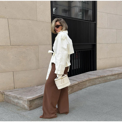 Belted Waist Cropped Trench Double Breasted Stand Collar 2025 Autumn Chic Elegant Women Coat Casual Vintage Office Lady Jacket