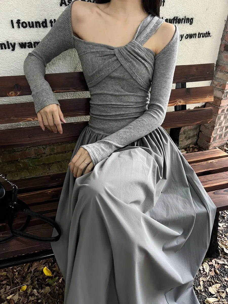 Autumn Skew Collar Halter Aura Dresses Solid Color Female Clothing Folds Stylish Irregular Basic Long Sleeve Spliced Long Dress