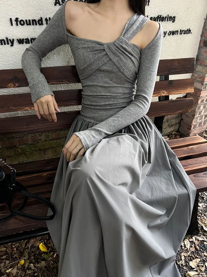 Autumn Skew Collar Halter Aura Dresses Solid Color Female Clothing Folds Stylish Irregular Basic Long Sleeve Spliced Long Dress