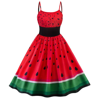 Women Watermelon Printing Party Dress Off Shoulder Slip A-Shaped Swing Skirt Sweet New Products In Spring Summer Dress 2024