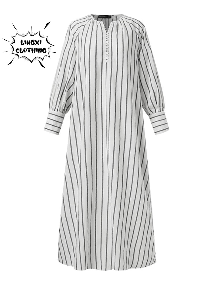 Women's 2023 Cotton Linen Stripe Round Neck Long Sleeve Simple Loose Long Pullover Dress Vintage Elegant Women's Dress Robe