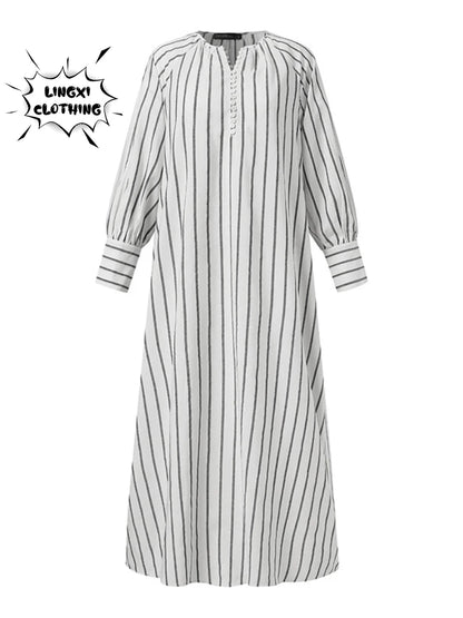 Women's 2023 Cotton Linen Stripe Round Neck Long Sleeve Simple Loose Long Pullover Dress Vintage Elegant Women's Dress Robe