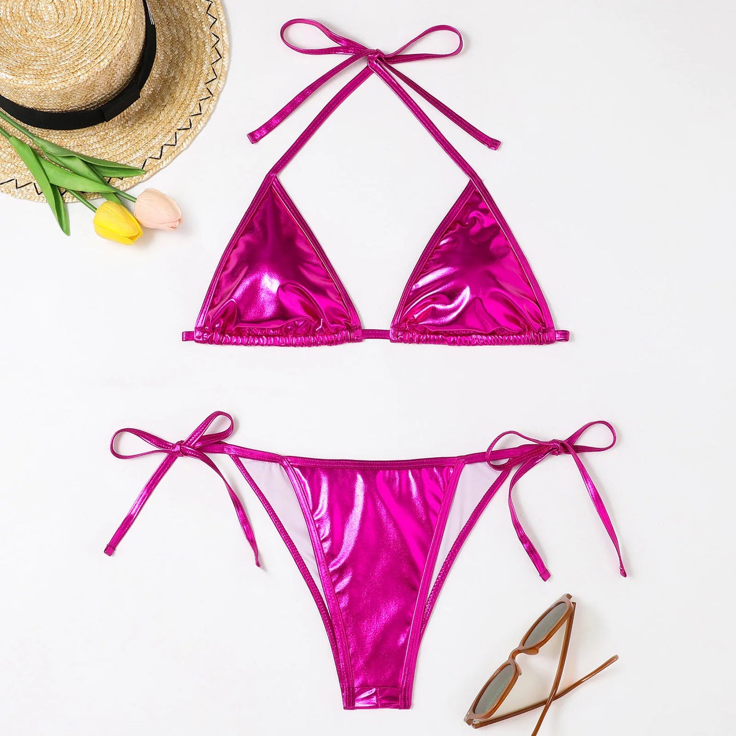 2 Pcs/Set Bikini Set Sexy Leather Bikinis 2024 Solid Halter Neck Strap Thong Swimwear Bathing Suit Women Swimsuit Set For Beach