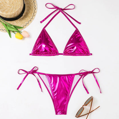 2 Pcs/Set Bikini Set Sexy Leather Bikinis 2024 Solid Halter Neck Strap Thong Swimwear Bathing Suit Women Swimsuit Set For Beach