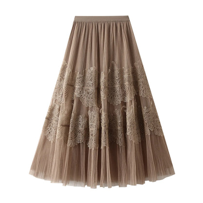 Women Mid Length Skirts Dance Party A Line High Waisted Lace Tulle Skirt Pleated Mesh Half Skirts Holiday Party Costumes