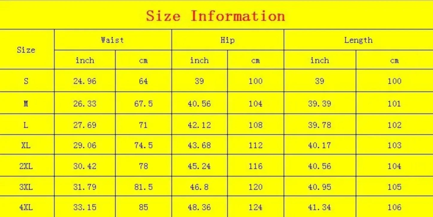 Women's medieval cosplay pants size chart showing measurements for different sizes including waist, hip, and length