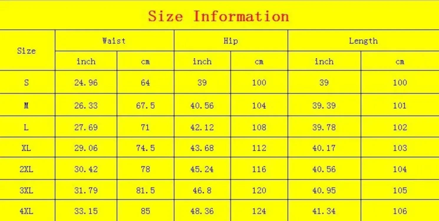 Women's medieval cosplay pants size chart showing measurements for different sizes including waist, hip, and length