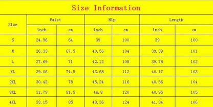 Women's medieval cosplay pants size chart showing measurements for different sizes including waist, hip, and length