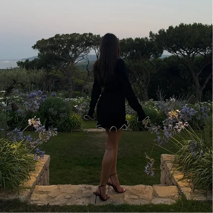 Women Fashion Solid Ruffles Hem Mini Dress Elegant Long Sleeve High Waist Slim Dresses 2025 Summer Vocation Street Vestidos