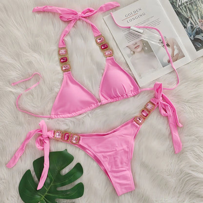 Sexy Rhinestone Bikini Set Women 2025 Luxury Pink Crystal Diamond Push Up Bandage Thong Swimsuit Beach Bathing Suit Swimwear