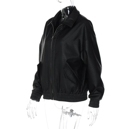 Dulzura 2025 Autumn Fashion Casual Turn-Down Collar Long Sleeve Zipper Slim Woven Leather Jacket Party Club Street Style Clothes