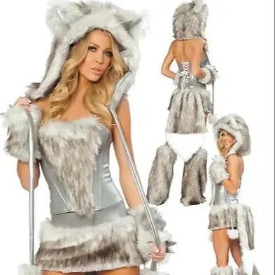 Sexy plush costume set for women with big tails, wolves, leopards, penguins, frogs, caterpillars, role-playing, winter Halloween