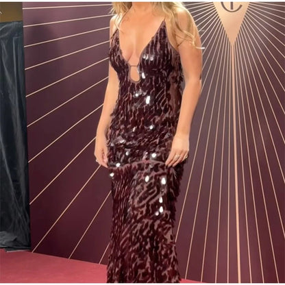 Women Sequin Sling Maxi Dress V-neck Solid Backless High Waist Sleeveless Dresses 2025 Fashion New Summer Lady Party Robes