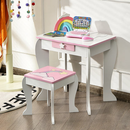 Kids Home Vanity Makeup Set Wooden W/ Mirror and Drawer