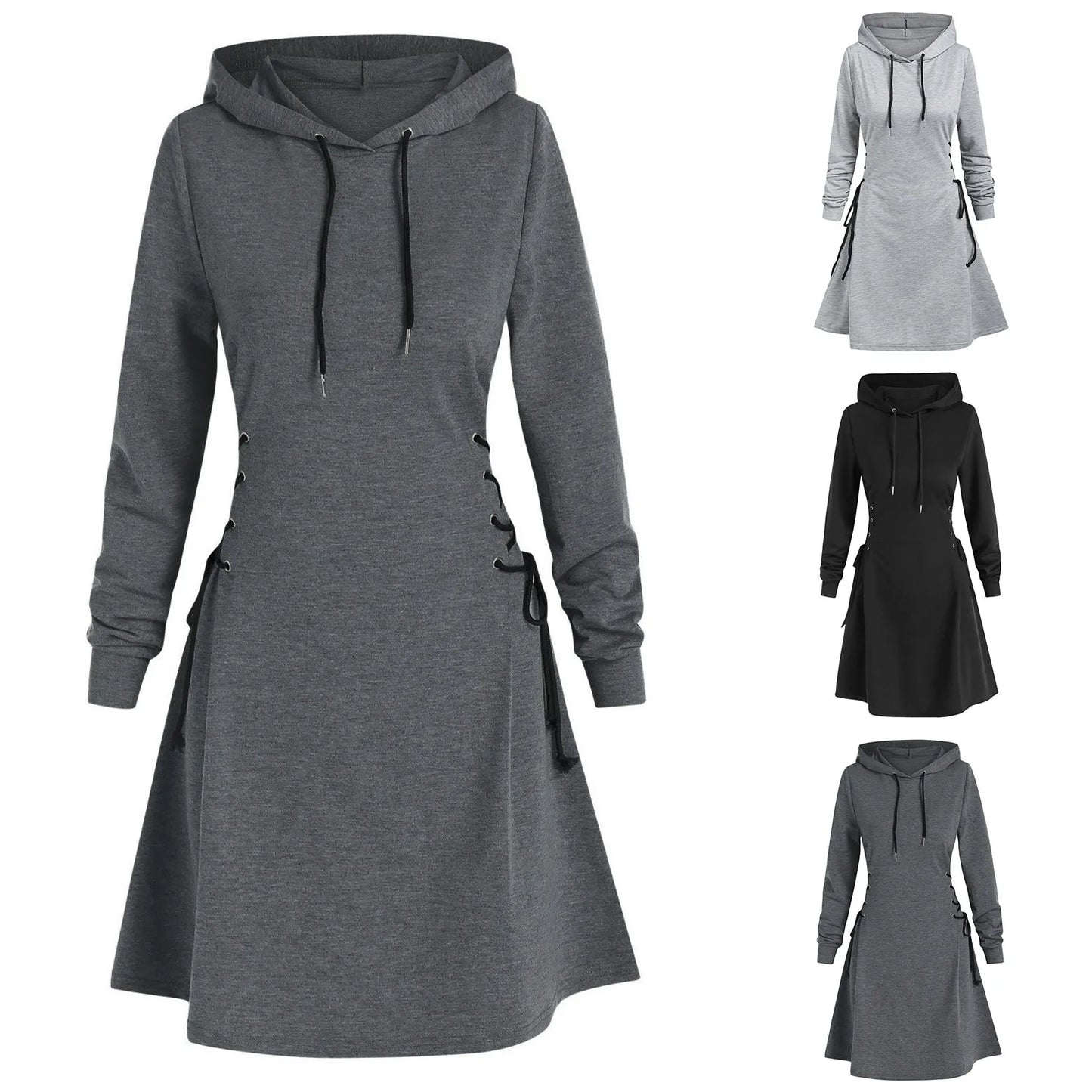 Autumn Women's Hooded Dress Casual Fashion Hoodie Dresses Long Sleeved Side Lace Up Slim Fit Short Dress Solid Color Dress