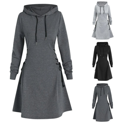 Autumn Women's Hooded Dress Casual Fashion Hoodie Dresses Long Sleeved Side Lace Up Slim Fit Short Dress Solid Color Dress