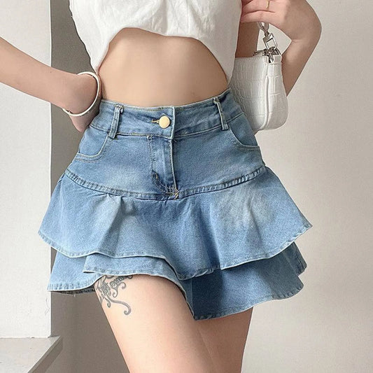 Y2k Skirt Women Ruffles Double Layer High Waisted Light Blue Denim Skirt JK Uniforms Irregular Curved Streetwear Korean Skirt