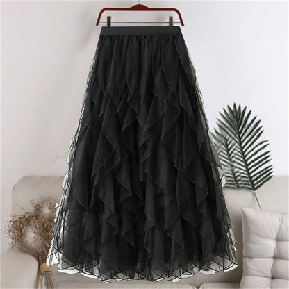 Autumn New Wave Pattern Fairy Mesh Ruffle Skirt High Waist A-Line Large Swing Long Skirt Women'S Half Body Skirt Ropa Para Mujer