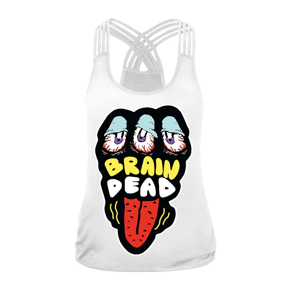 EtherealBe Halloween graphic workout tank tops for women featuring a fun brain dead design
