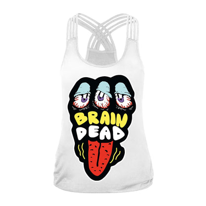 EtherealBe Halloween graphic workout tank tops for women featuring a fun brain dead design