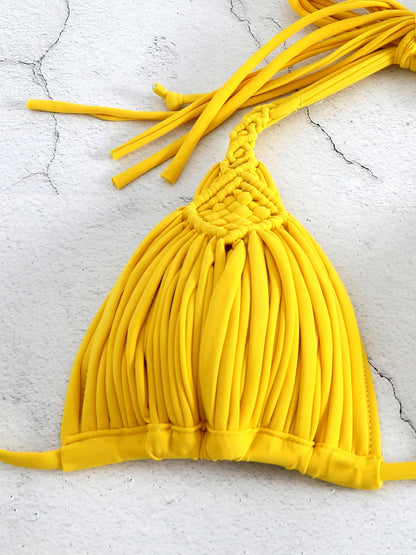 Comfortable Brazilian G-String Swimwear Bandage Stripes Trim Halter Female Bikini Set 2024 New Fashion Chest Pad Beachwear