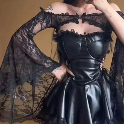 EtherealBe gothic black party dress for women with lace sleeves and fitted bodice for a dramatic look
