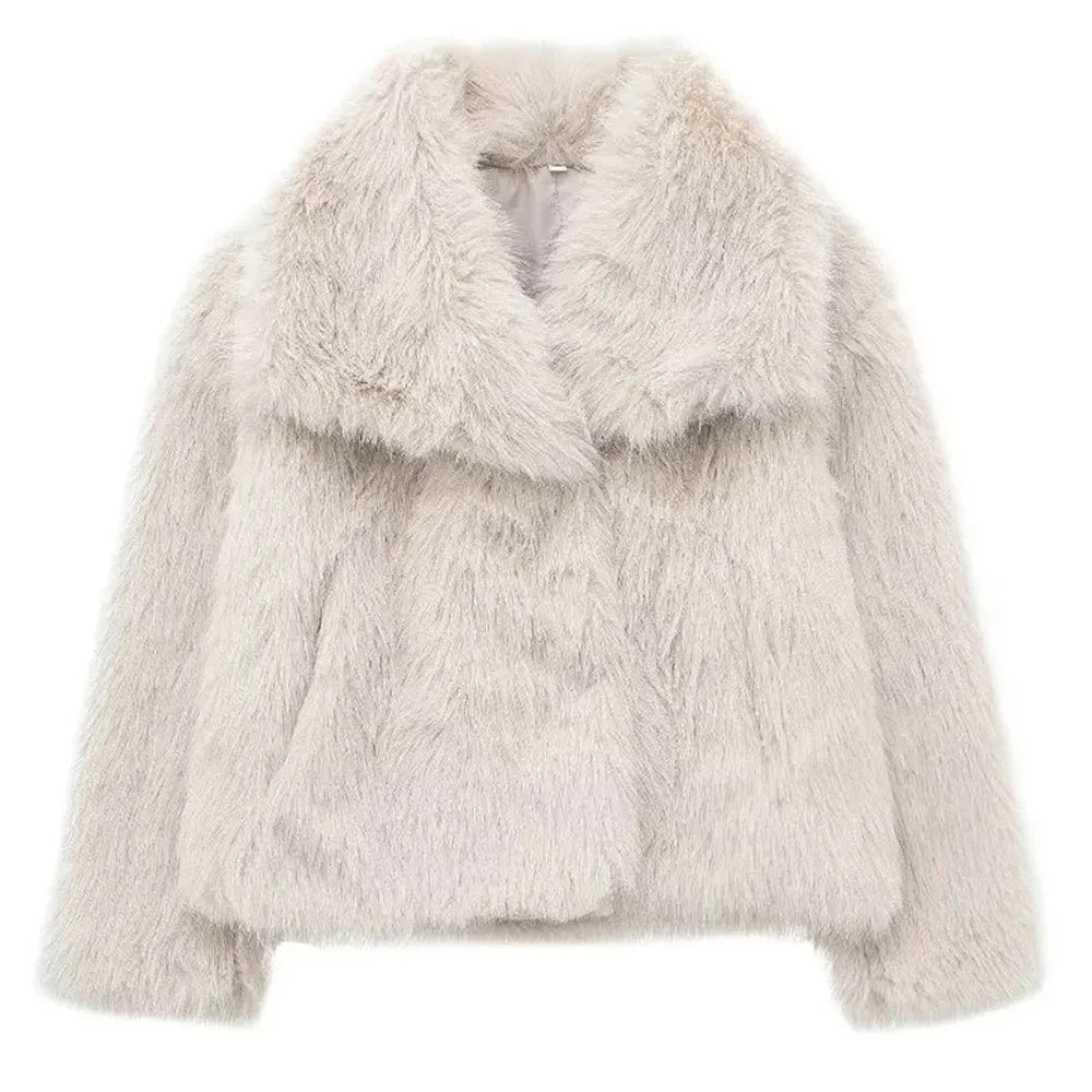 HH Winter Women Elegant Warm Plush Coat Turn-Down Collar Thick Cardigan Coat Female Pocket Long Sleeve Short Outerwear Mujer