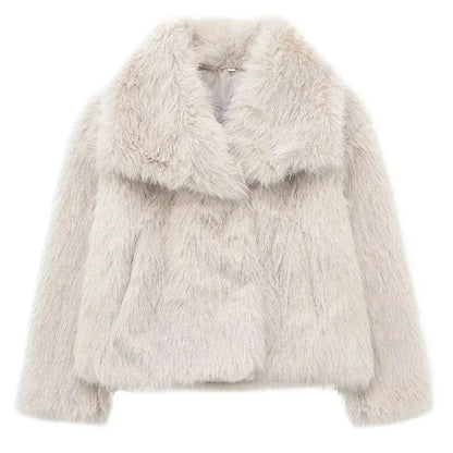 HH Winter Women Elegant Warm Plush Coat Turn-Down Collar Thick Cardigan Coat Female Pocket Long Sleeve Short Outerwear Mujer