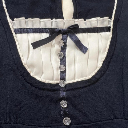 Harajuku Grunge T-shirt Women Korean Preppy Style Kawaii Bow Crop Top Vintage Patchwork Square Collare Puff Sleeve Milkmaid Top