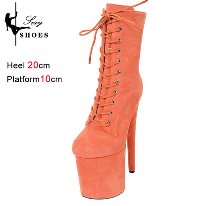 20CM Women ANKLE Boots 2025 Spring/Autumn Platform Red Flock High Heels Round Toe Thick Bottom Side Zipper Short Boots Female