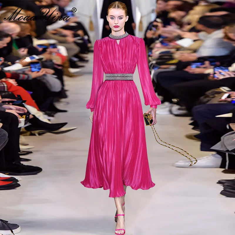 MoaaYina Fashion Designer dress Spring Women's Dress Beading Stand collar Lantern Sleeves Lace-up Pleated Dresses