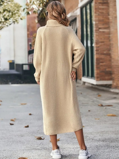 Winter New Women's Fashion Temperament Elegant Slim Fit Coat Long Woolen Dress Loose Casual High Neck Knitted Dress