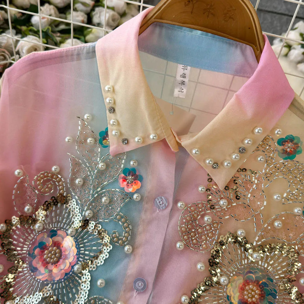 Beads Sequin Flower Blusas Mujer Rainbow Color Shirts & Blouses Lace-up Bow Camisas 2026 Spring Women Clothing Ropa