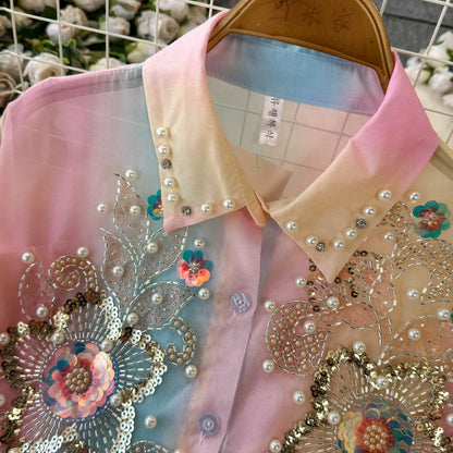 Beads Sequin Flower Blusas Mujer Rainbow Color Shirts & Blouses Lace-up Bow Camisas 2026 Spring Women Clothing Ropa