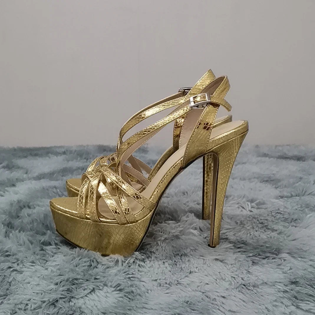 LOSLANDIFEN Women Sandals Sexy 14CM Platform High Heels Ankle Strap Sandal Open Toe Sanke Gladiator Party Dress Woman Shoes